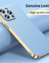 Genuine Cowhide Leather Phone Case for iPhone 16 15 14 Pro Max 14 Plus Plating Shockproof Lens Protection Back Cover