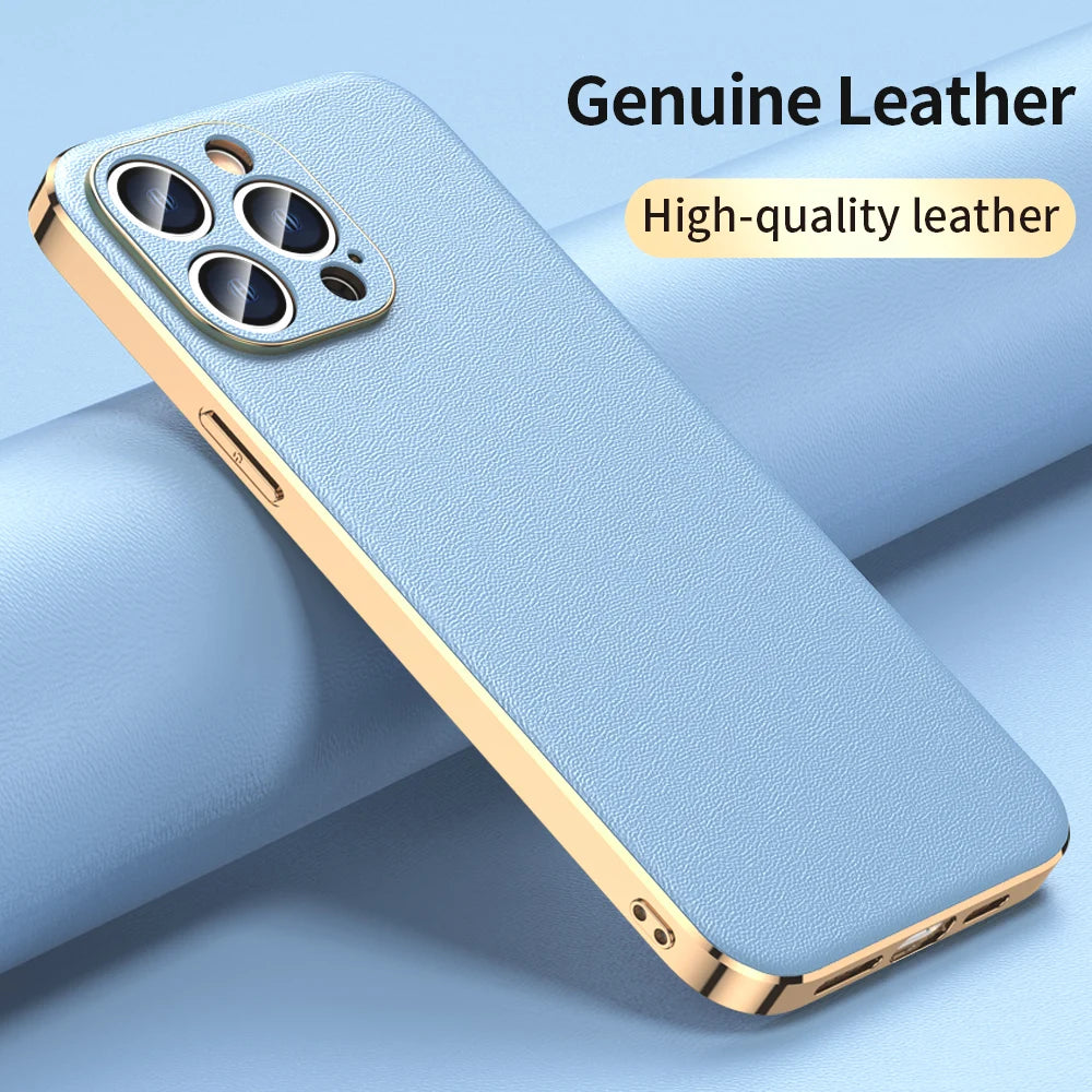 Genuine Cowhide Leather Phone Case for iPhone 16 15 14 Pro Max 14 Plus Plating Shockproof Lens Protection Back Cover