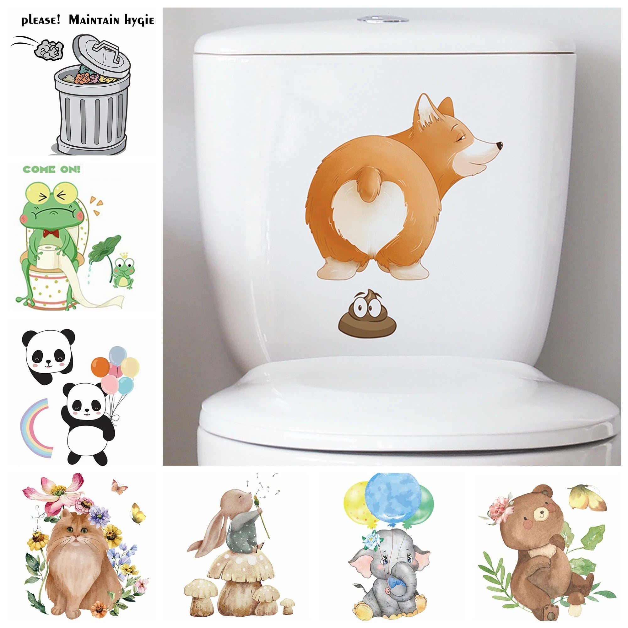 3D Cute Cartoon Funny Animal Bathroom Toilet Stickers Decals Mural WC Accessories Home Bathroom Stickers Decor