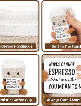 2 Pcs Funny Crochet Emotional Support Coffee Doll With Card Desktop Ornament Handmade Knitted Coffee Dolls Christmas Gifts Home Decor