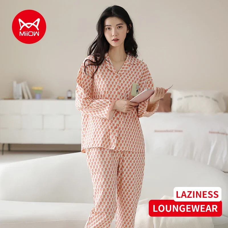 Women’s Winter 100% Cotton Pajama Set – Loose Fit, Turn-Down Collar, Long Sleeves, Cute Pink
