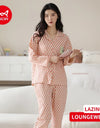 Women’s Winter 100% Cotton Pajama Set – Loose Fit, Turn-Down Collar, Long Sleeves, Cute Pink