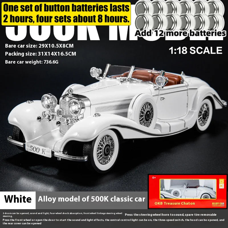 Diecast 1/18 1936 500K Classic Car Alloy Metal Model Sound And Light Toy Collect Display Ornament