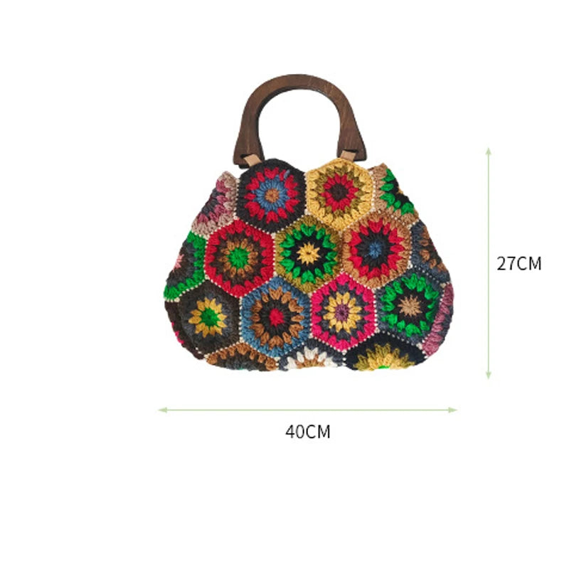 Bohemian Granny Square Crochet Tote Bag Handmade Knitted Shopper Handbag