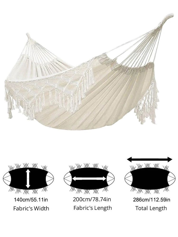 Macrame  Double Hammock Bohemian Woven Fringe Tassels Canvas Large Hanging Swing Bed Chair for Beach Yard Bedroom Patio Porch