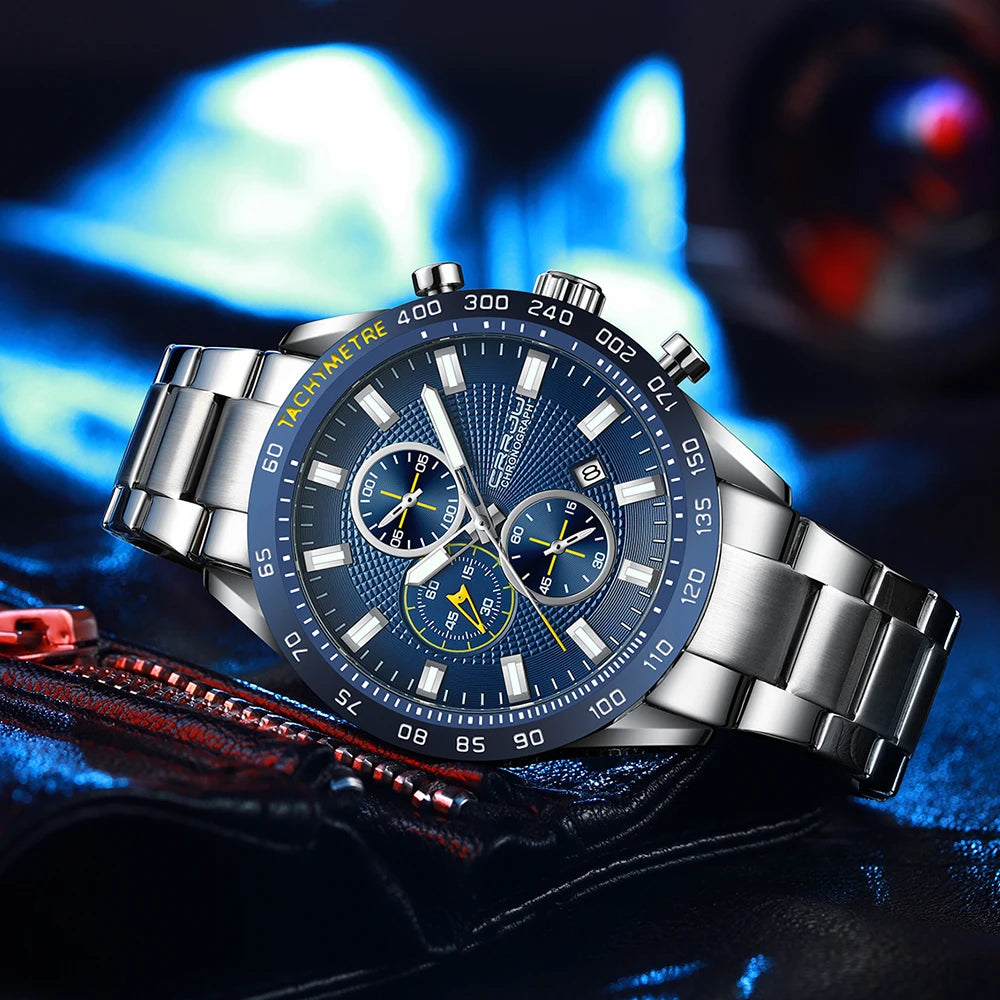 Men Watch Fashion Sports Chronograph Wristwatches Stainless Steel Strap with Auto Date