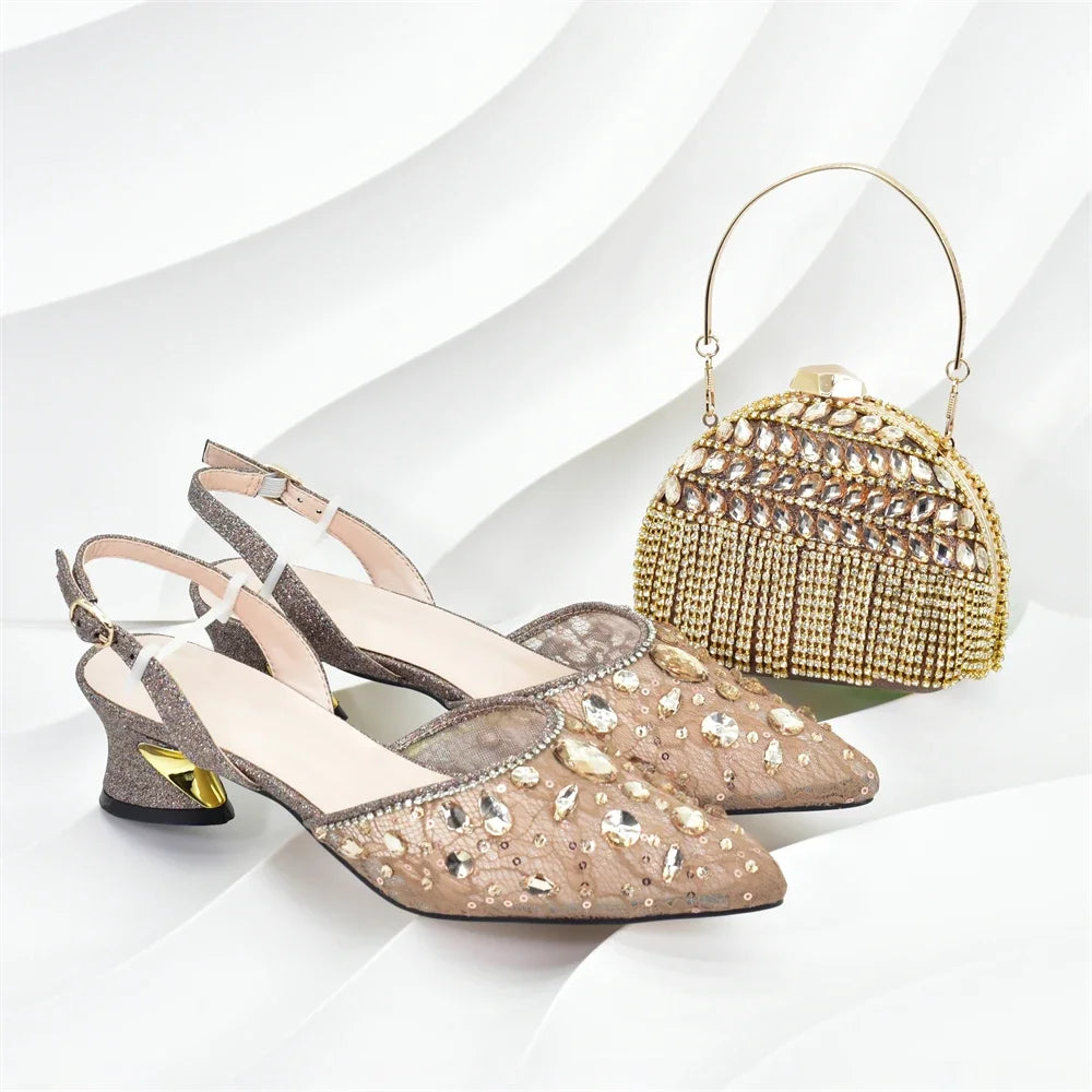 African Wedding Shoes and Bag Set with Rhinestone Italian Design Shoes with Matching Bags Nigerian Lady Party Pumps