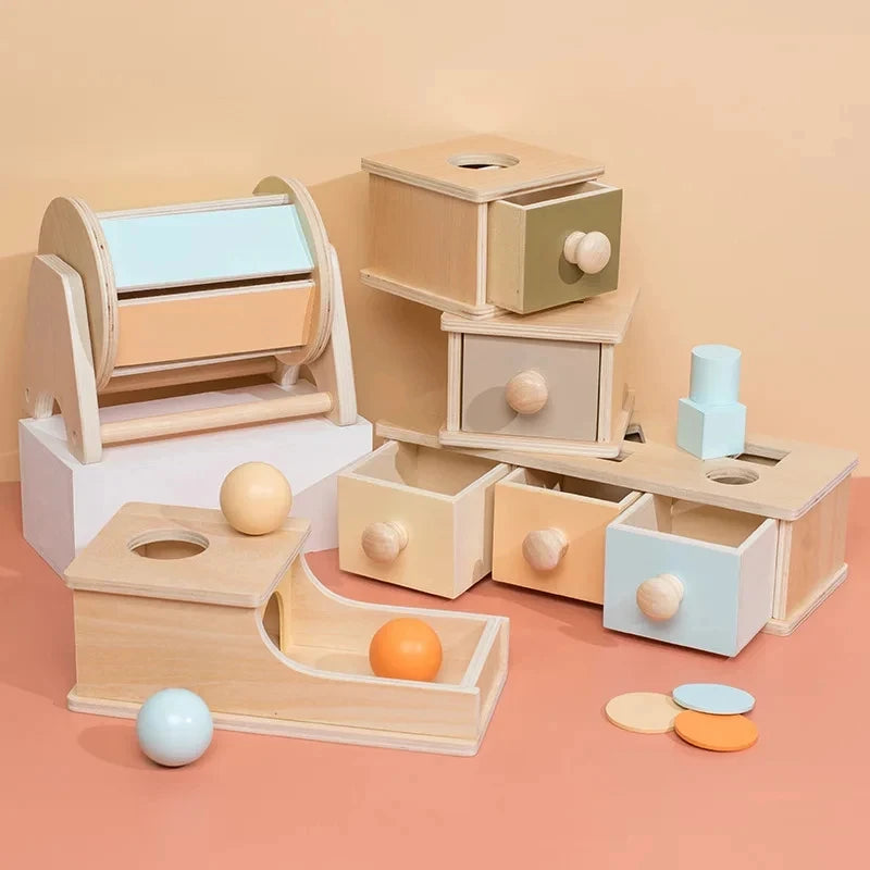 Montessori Coin Ball Box  Toy Wooden Object Permanence Box Macaroon Color Spinning Drum Drawer Box Educational Toys