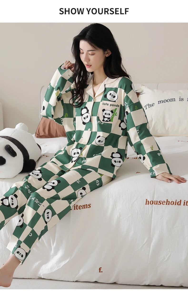 Women’s Winter 100% Cotton Pajama Set – Loose Fit, Turn-Down Collar, Long Sleeves, Cute Pink