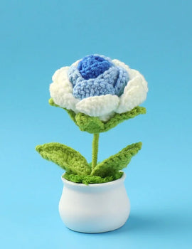 3 Pcs Handmade Knitted Gradient Blue Rose Flower Potted Plant Desktop Ornament Finished Wool Crochet Flower Pot Home Room Decoration