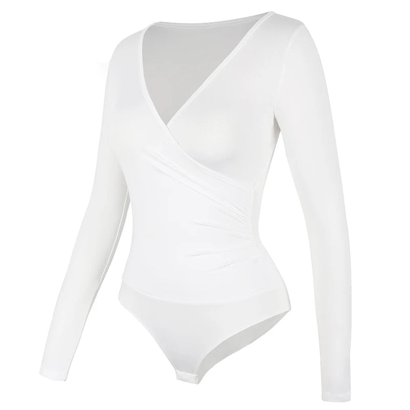 One-Piece Long Sleeve Bodysuit Shapewear for Women – V-Neck Tummy Control Body Shaper