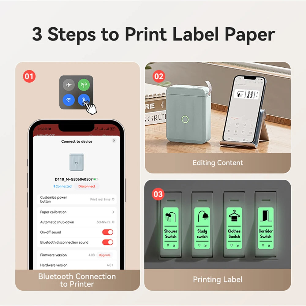 D110 Mini Portable Thermal Label Printer, Bluetooth Wireless Inkless Sticker Maker 12–15mm, Compact Label Machine for Home Organization