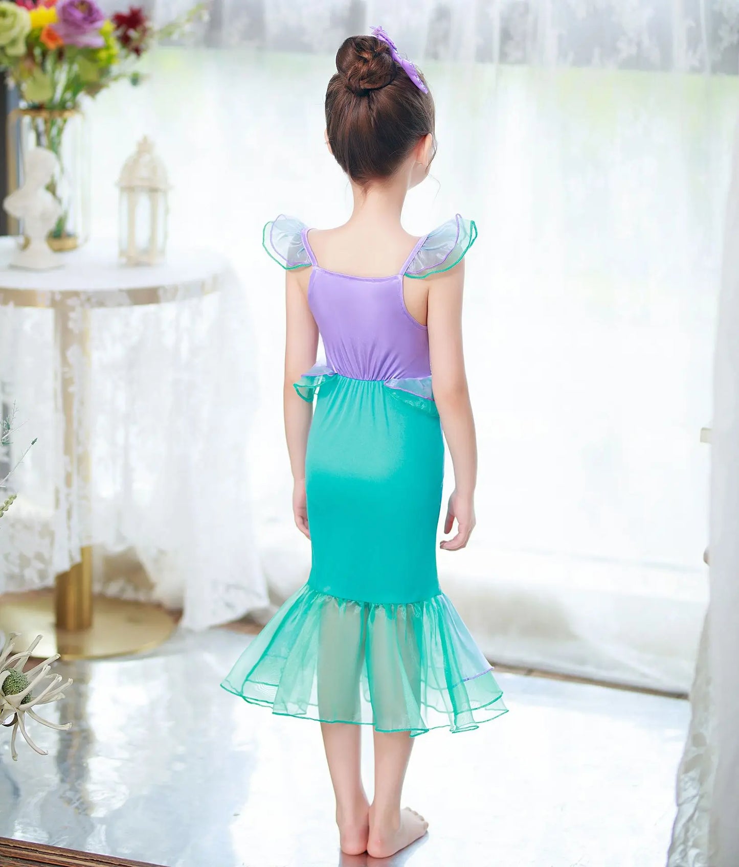 Mermaid Princess Dress for Girls - Summer flutter sleeves Sequin Tulle Dress Sparkling Ocean Themed Party Gown