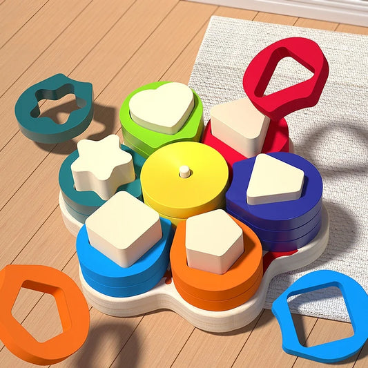 Wooden Flower Shape Sorter and Geometric Stacking Toy