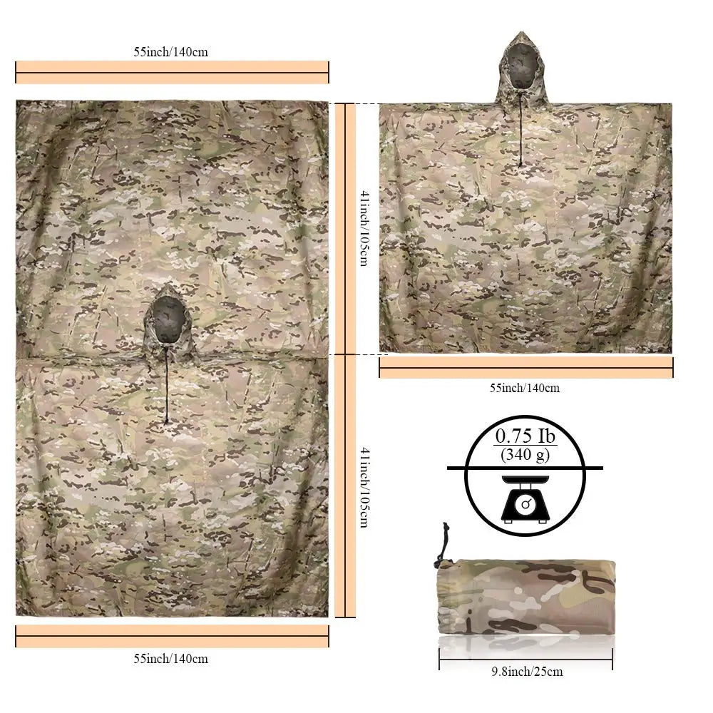 Camouflage Waterproof Folding Rain Poncho with Storage Bag for Adults
