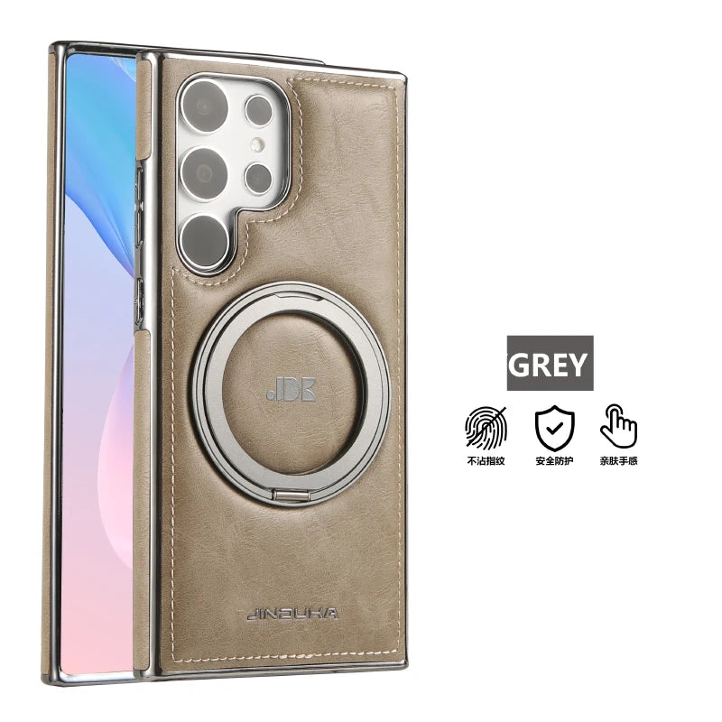 For Magsafe  360°Rotating Metal Car Bracket Ring Solid Color Leather Phone Case For Samsung S24 Ultra S22 S23 Ultra Plus