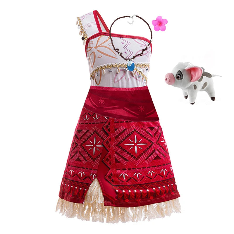 Disney Movie Moana 2 Dress Girl Vaiana Princess Cosplay Dresses Children Christmas Party Cosplay Ball Gown With Pig Chicken