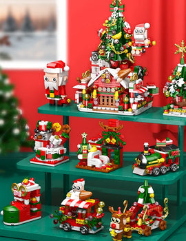 DIY 8in1 Lights Christmas Elk Deer Santa Claus Train Architecture Store Street View Xmas Tree Snow House Building Block Kit Toy