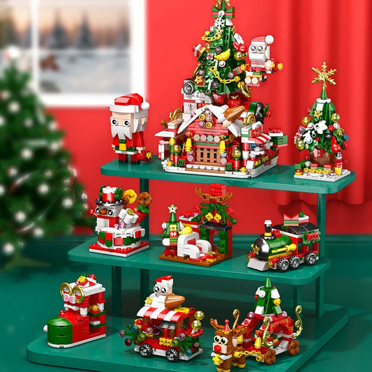 DIY 8in1 Lights Christmas Elk Deer Santa Claus Train Architecture Store Street View Xmas Tree Snow House Building Block Kit Toy