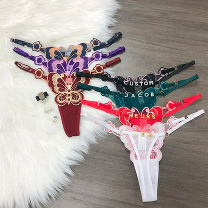 Customized Letters Butterfly Women G String Underwear Thongs Ladies Lace Briefs Transparent