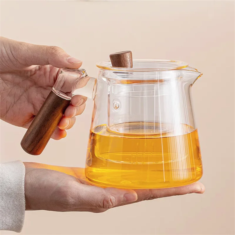 600ml Walnut Wooden Handle Glass Teapot with Tea Water Separation Filter