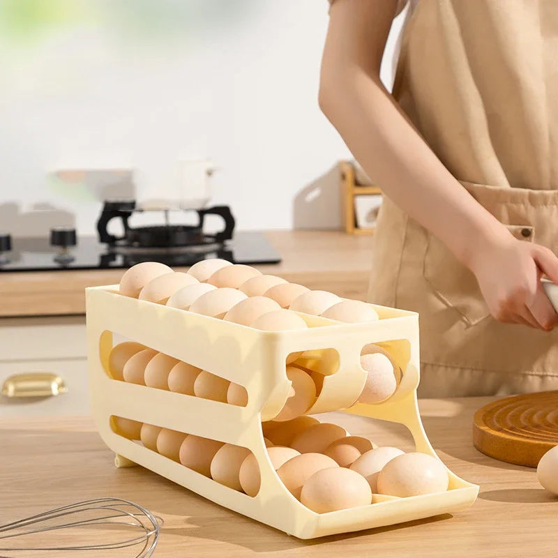 Automatic Rolling Egg Storage Box – Double Mouth Multi-Layer Slanted Egg Dispenser Tray
