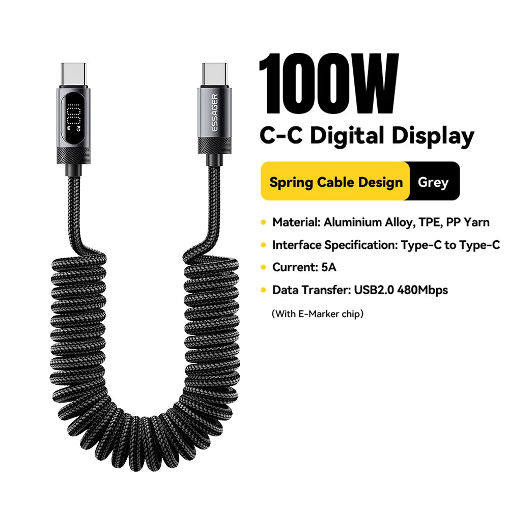 100W Retractable Spring USB-C to USB-C Fast Charging Cable