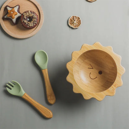 Baby Wooden Tableware Set Sun Bamboo Wooden Plate Bowl Silicone Suction Wooden Handle Fork Spoon for Newborn Feeding Supplies