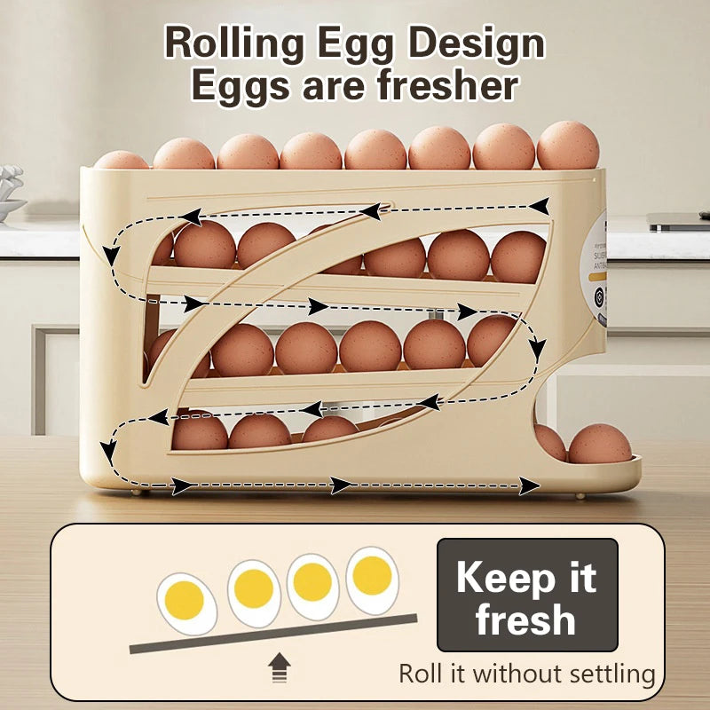 4-Layer Automatic Rolling Egg Holder Rack – Refrigerator Egg Storage Box Kitchen Organizer