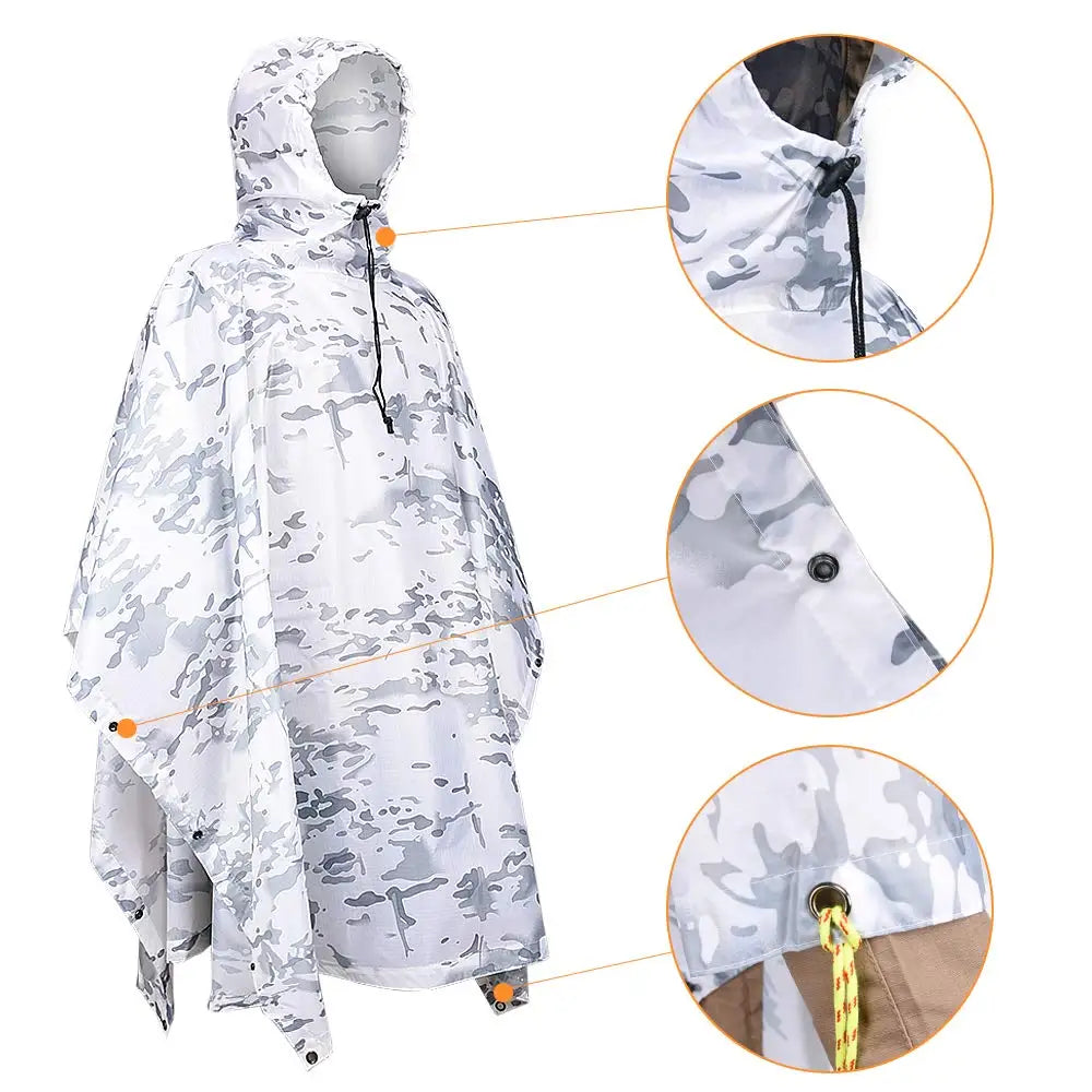 Snow White Camouflage Waterproof Rain Poncho with Storage Bag