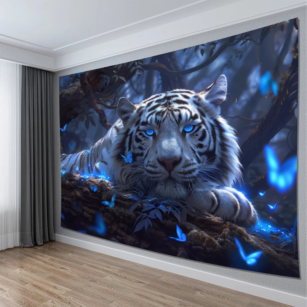Fantasy Forest White Tiger Tapestry Butterfly Living Room Sofa Natural Style Children's Room Story Wall