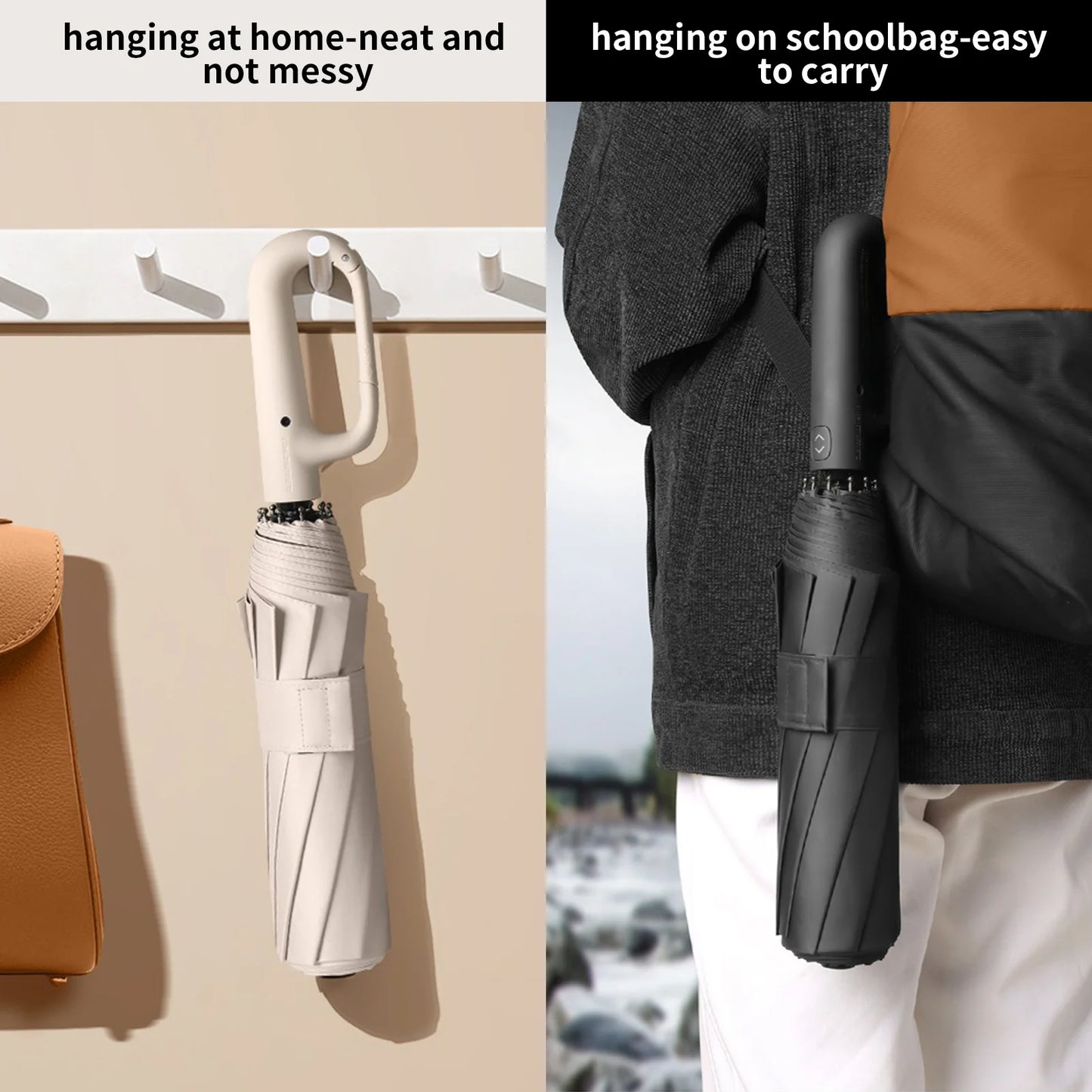 20 Bones Windproof Strong 105CM Reinforced Automatic Folding Umbrella Large Carabiner Handle Wind Resistant Water Resistant UV Protection