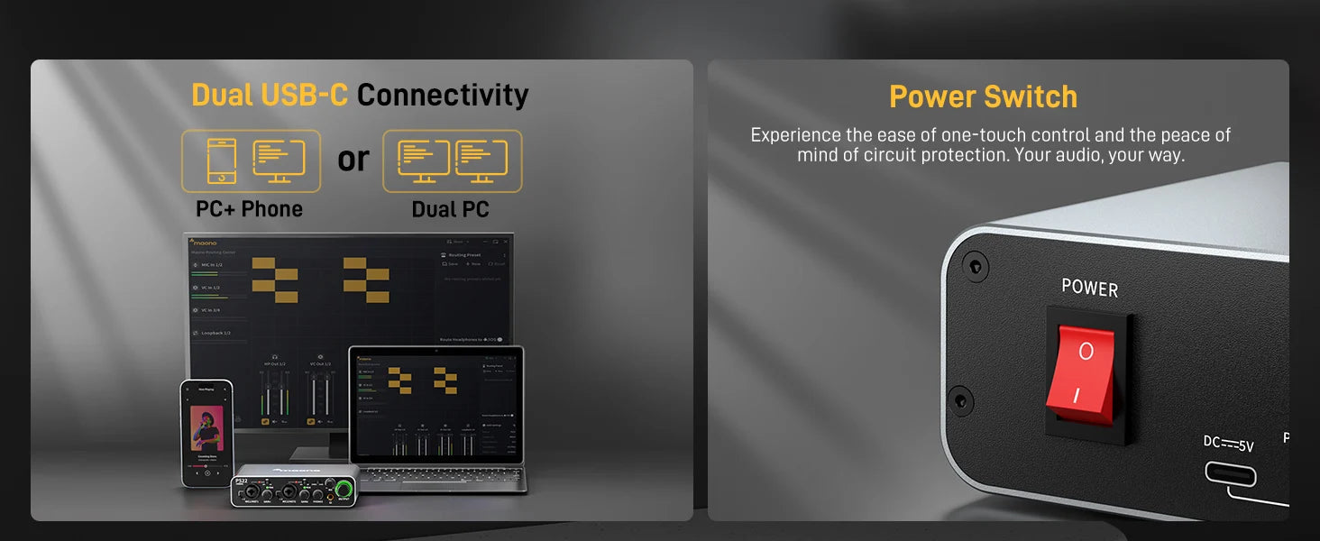 PS22 USB Audio Interface for PC,60dB Pro-Preamp, 24bit 192kHz,Dual USB Interface for PC and Smartphone, Routing Software