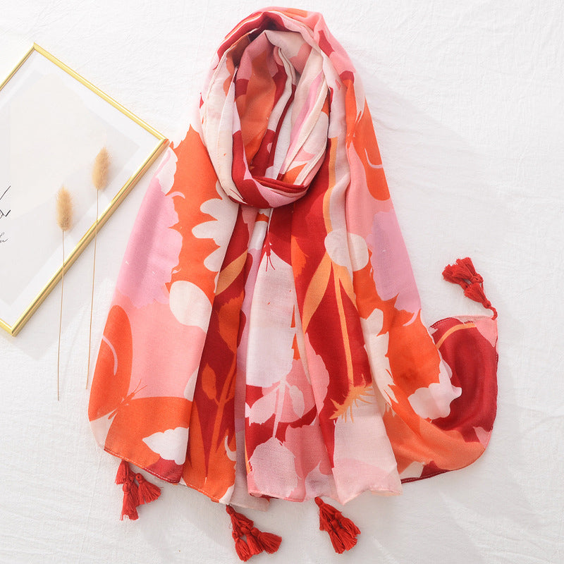 Spring Scarf Pink Blue Floral Paisley Printed Scarves Women Lady Girl Cotton Linen Bohemian Scarf For Summer Beach Shawl Bandana