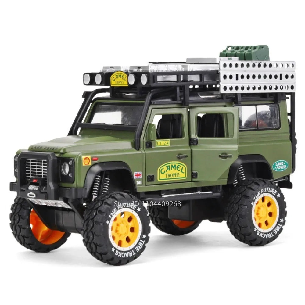1:28 Scale Unimog U5000 Land Rover Defender Toy Car Model Rubber Tire Alloy Diecast Sound Light Off-Road Vehicle  Toy