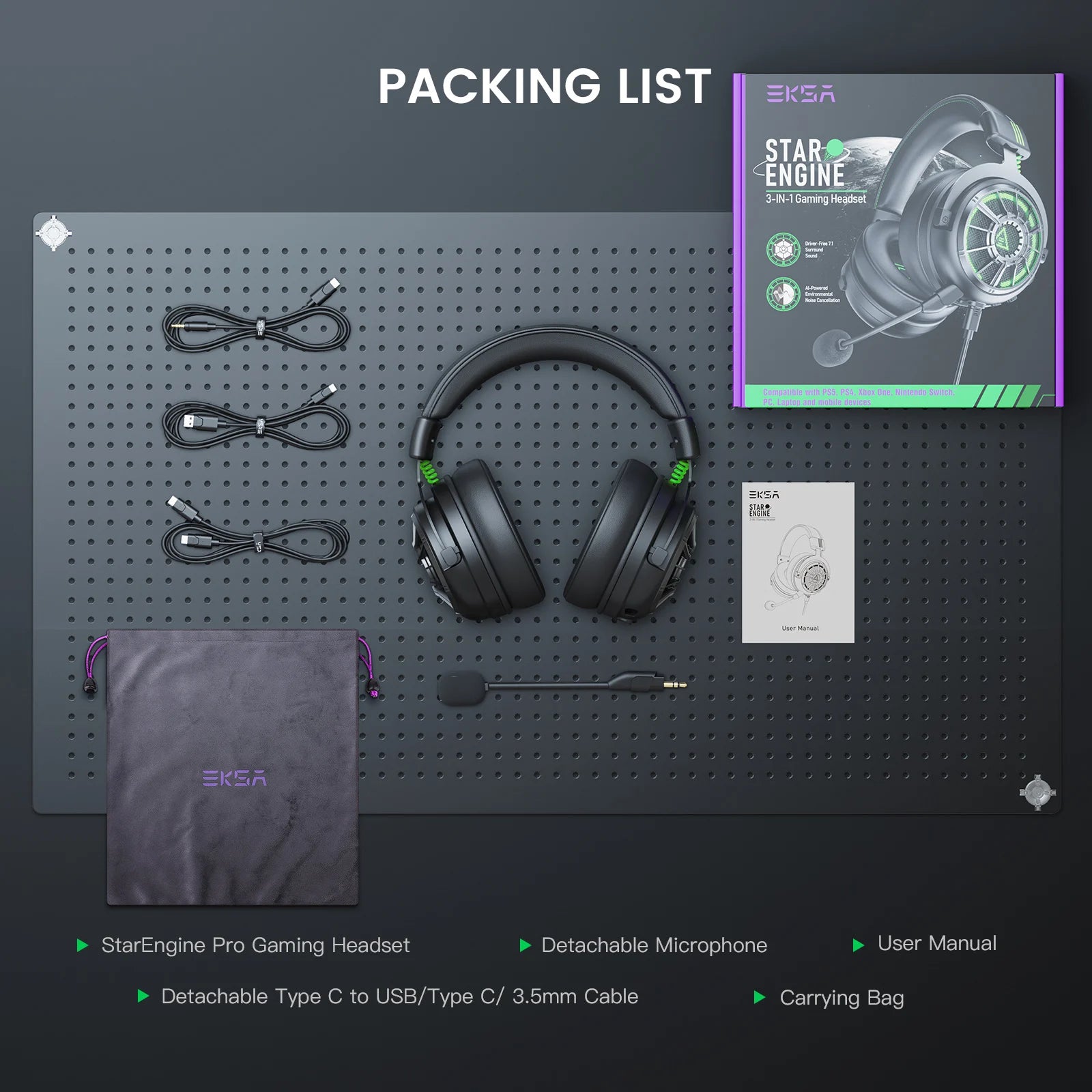 EKSA StarEngine Pro Wired Gaming Headset 7.1 Surround PC Headphones Gamer With ENC Mic USB/Type C/3.5mm for PS4 PS5 Xbox