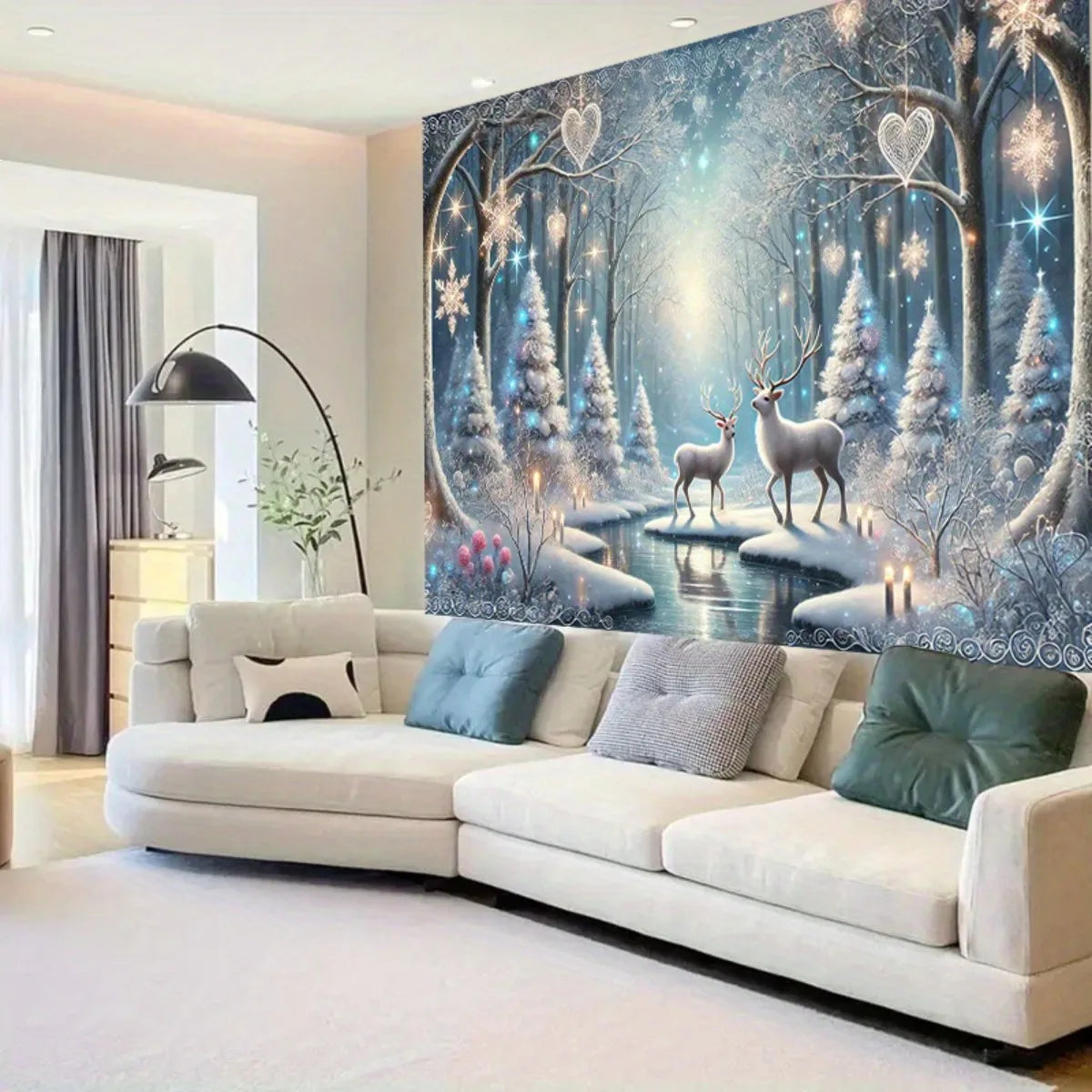 Nordic Snow Scene Reindeer Tapestry Living Room Feature Wall Decor Winter Holiday Room Accent