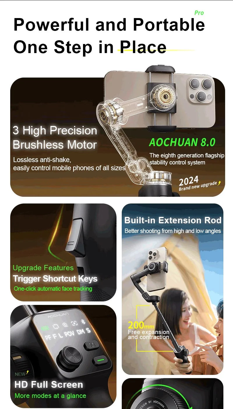 3-Axis Handheld Gimbal Phone Stabilizer with Extension Rod  8.0 Anti Shake Face Tracking for Phone Outdoor Shooting Vlog