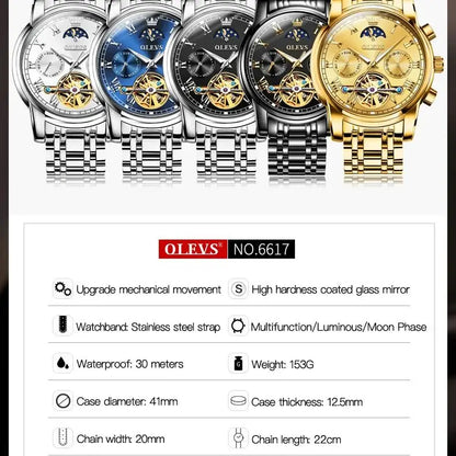 Automatic Mechanical Watch for Men Skeleton Flywheel Design Stainless steel Waterproof Moon Phase Watch