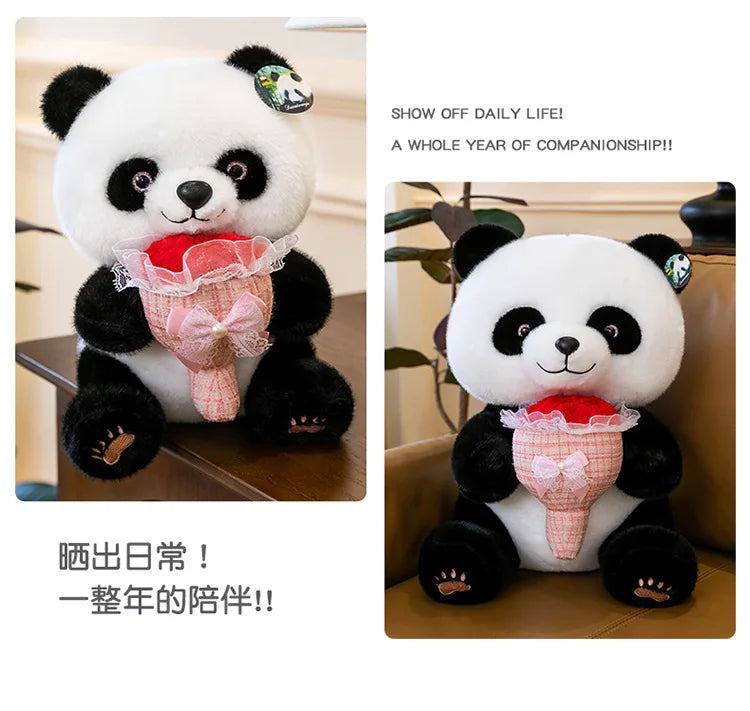 Kawaii Stuffed Doll Cute Panda Plush Toy with Flower Bouquet for Anime Lovers Kids Birthday Gift Stuffed Animal Gift for