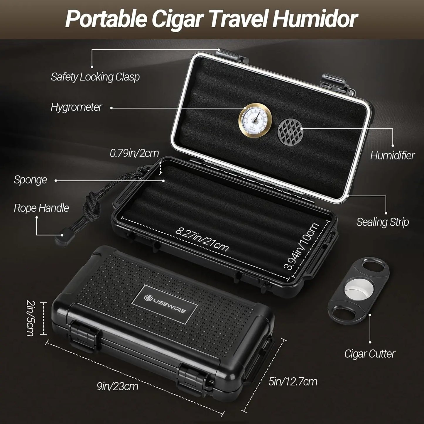 Cigar Travel Humidor and Cigar Lighter Set, Portable Cigar Case with Humidifier Hygrometer, Cutter Cigar Cutter