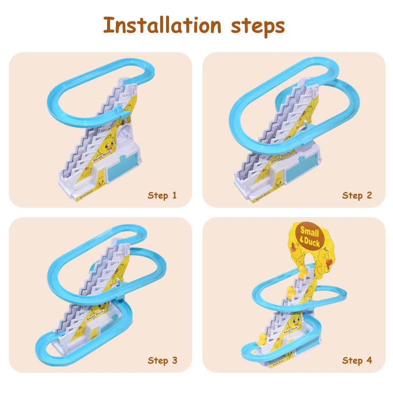 Kids Electric Small Duck Climbing Stairs Toy DIY Rail Racing Track Music Roller Coaster Duck Toy For Baby Kids Gift