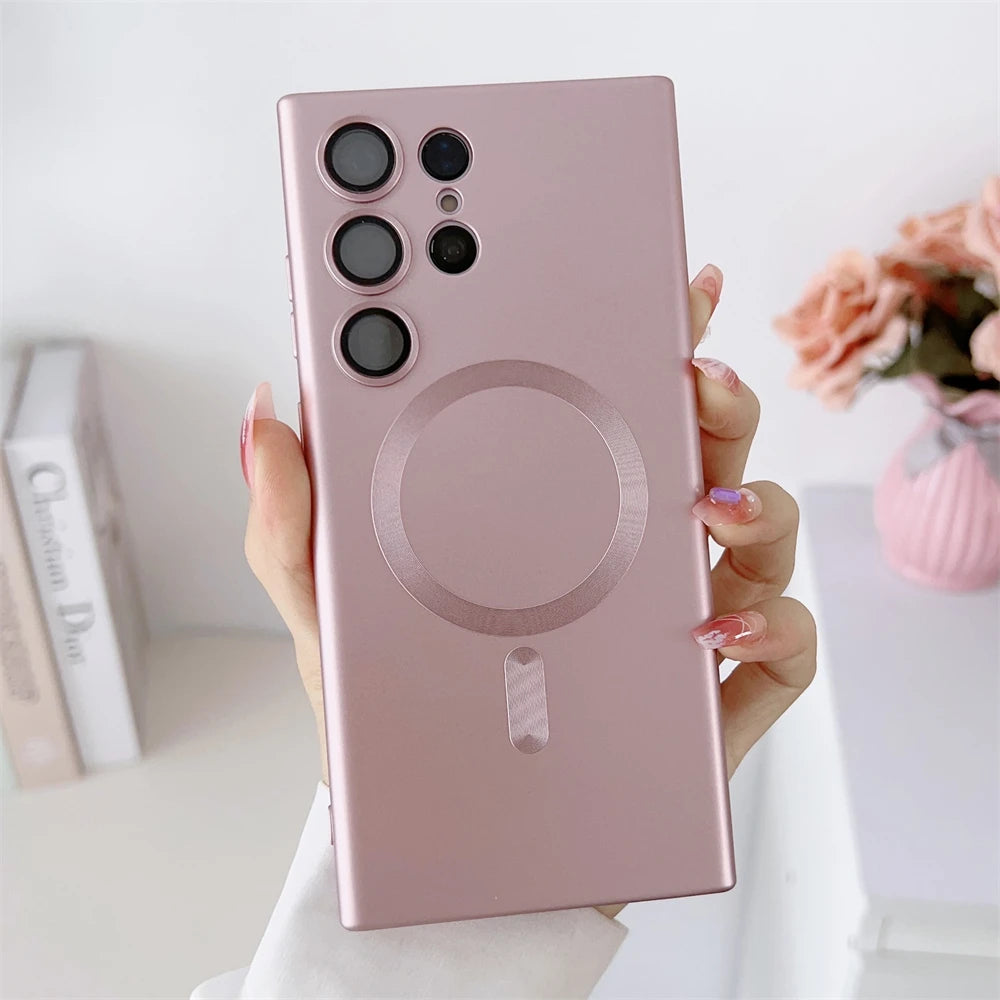 Metal Matte For Magsafe  Wireless Charger Case for Samsung S24 S23 Ultra S22 Plus S21 Shockproof Soft Silicone Cover