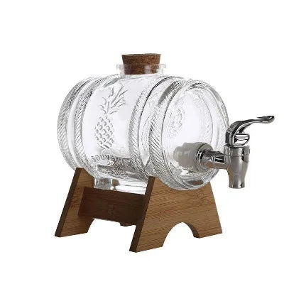 1L Glass Whiskey Barrel Wine Barrel Beer Bottle Fruit Aging Alcohol Honey Storage Container With Base Faucet Bar Tool