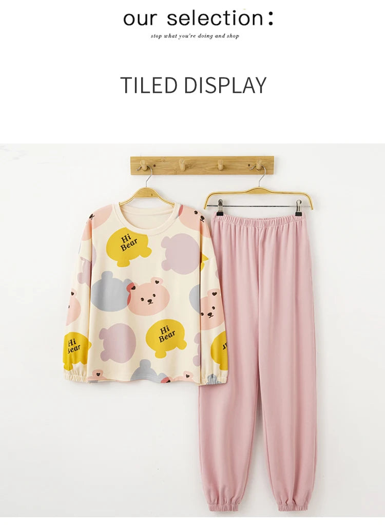 Women’s Cute Lazy Style Cotton Pajama Set – Soft, Loose Long Sleeves & Pants