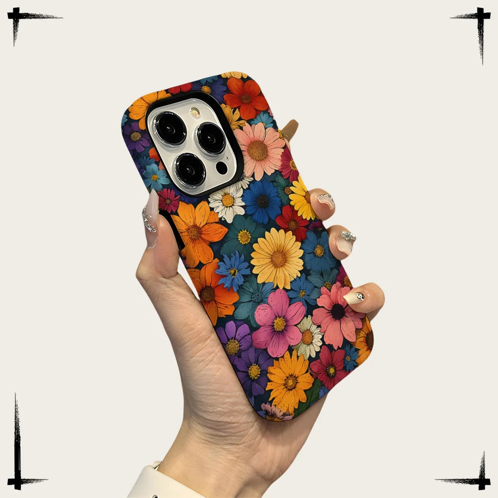 Art Drawing Flower Printed Daisy Phone Case for iPhone 16 15 13 14 Pro Max 16 15 Plus 2 in 1 Hard Protection Cover