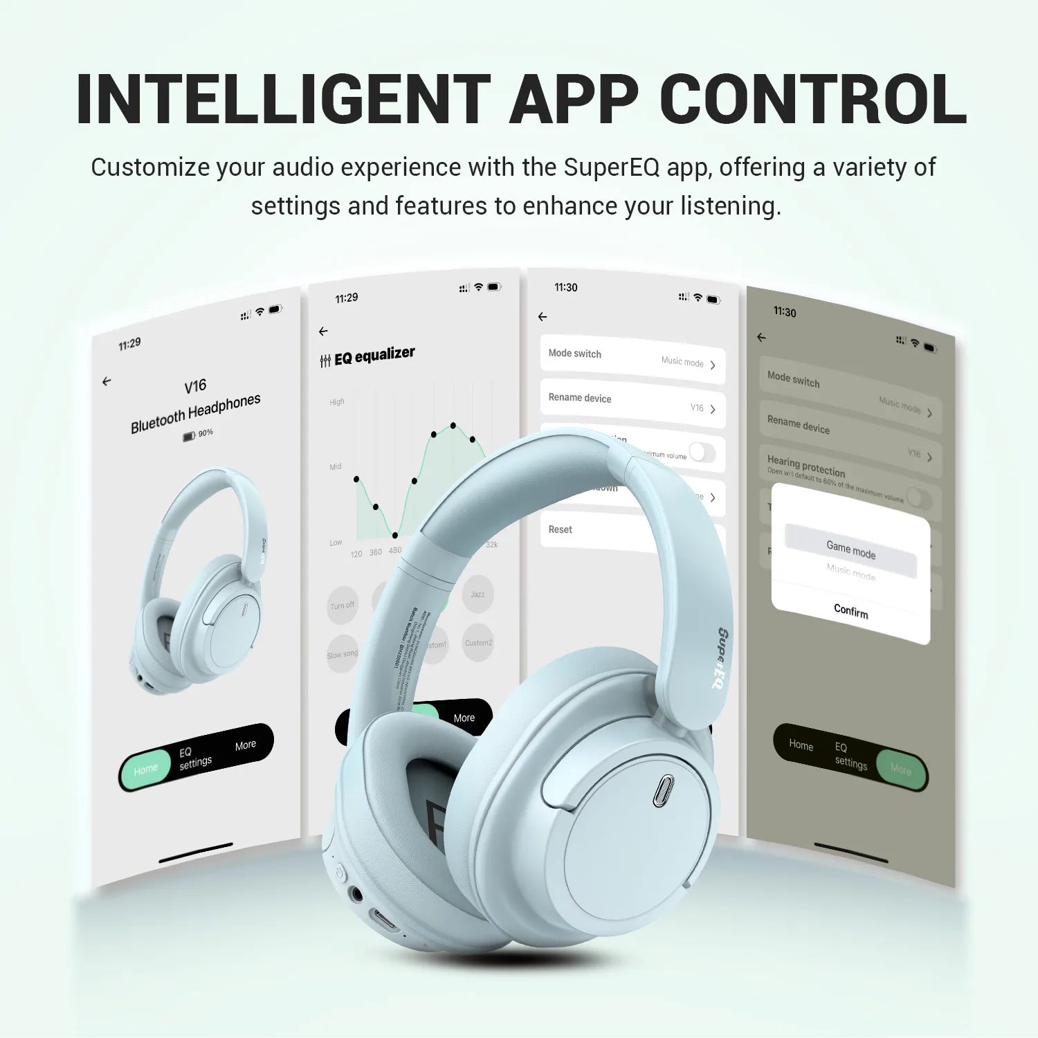 SuperEQ V16 Wireless Bluetooth 5.3 Headphones Hi-Res Audio Over Ear Wireless Headset With Low Latency 90Hrs APP Support