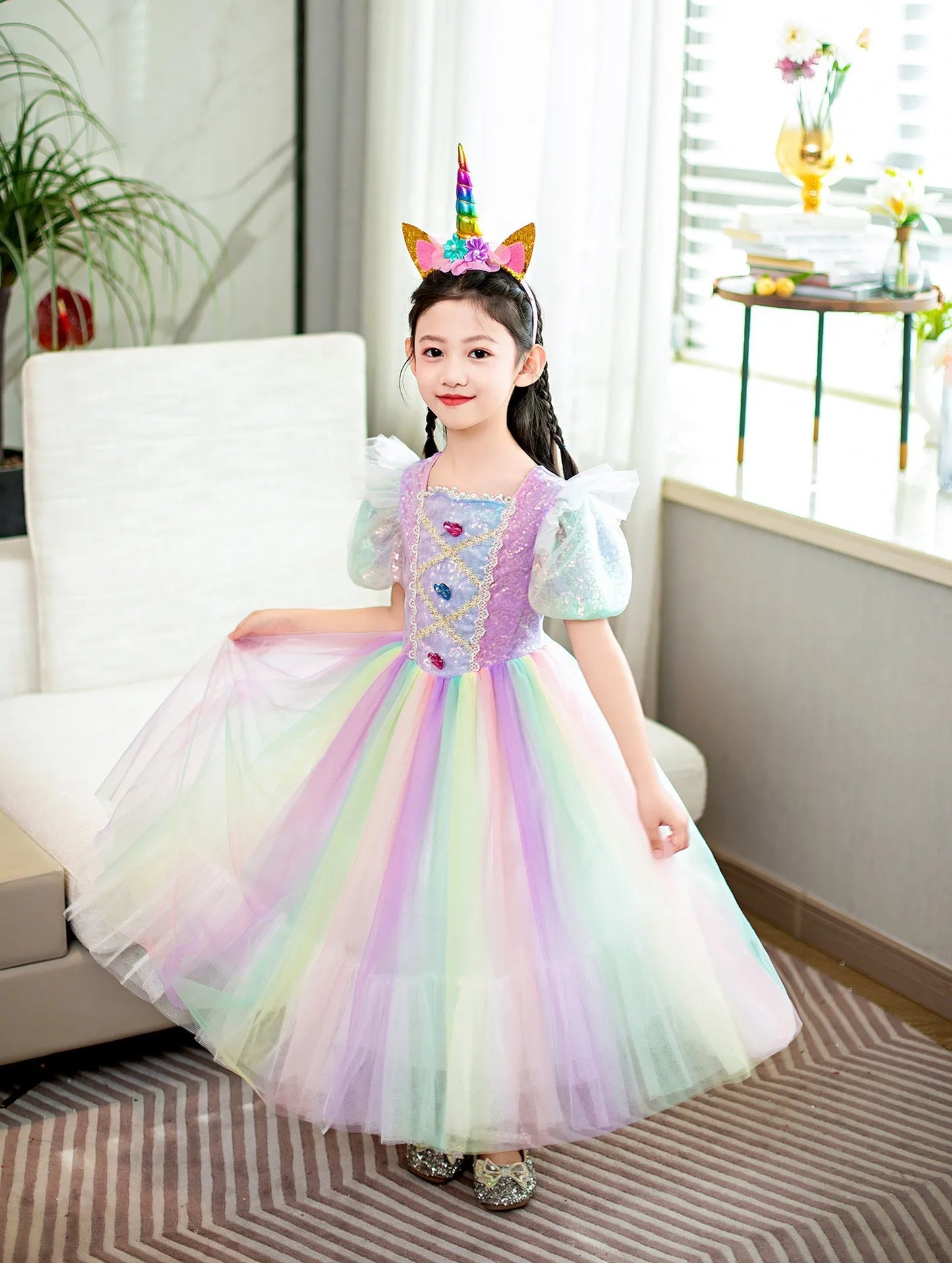 Rainbow Gradient Princess Ball Gown with Puff Bubble Sleeves
