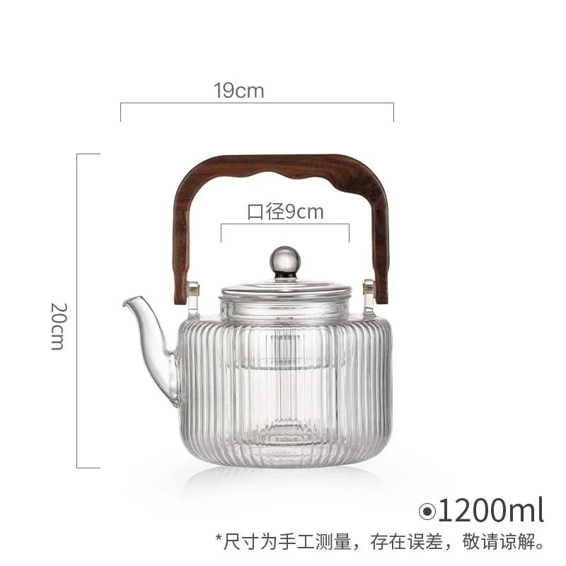 Large Capacity 1200ml Vertical Stripe Pattern Glass Tea Pot Kungfu Tea Set Wooden Beam Tea Kettle Brewing Puer Teapot Teaware