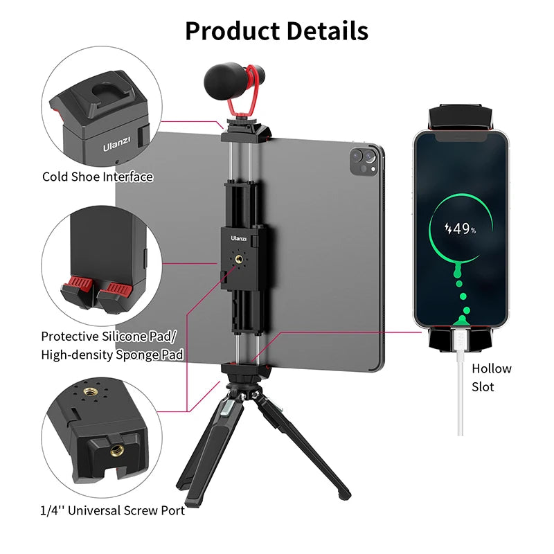 Tripod Mount Universal for Tablet and Phone Holder With Cold Shoe Support Horizontal and Vertical Shooting